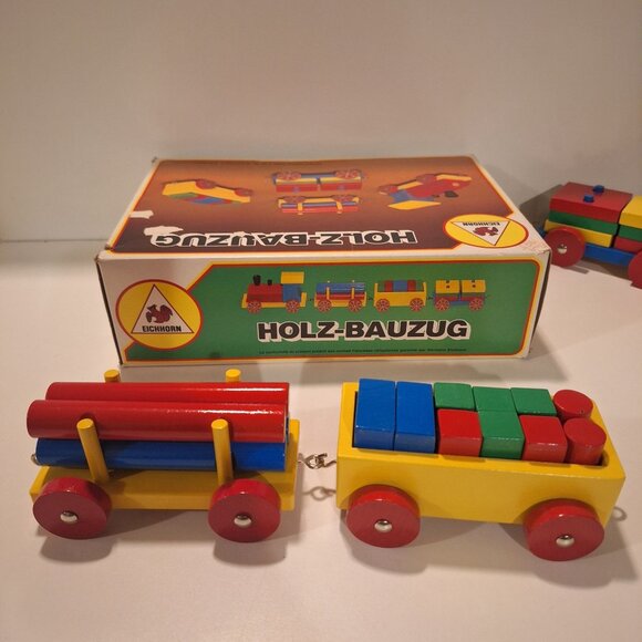 Complete Vintage Eichhorn Holz-Bauzug Wooden Train Set Age2+ Original Box Blocks - Picture 5 of 12